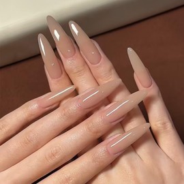 Coquette 24 Pcs Long Fake Nails - Stiletto Manicure Art with Glossy Brown Solid Color Design, Press On Nails with Gel Glue for Women & Girls