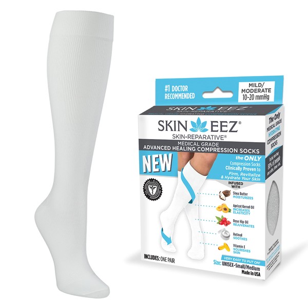 Skineez Medical Grade Advanced Healing Compression Socks 10-20mmHg, Clinically Proven to Firm, Moisturize, and Revitalize Skin, Foot Arch, Heel, and Nerve Pain Relief, White, Small/Medium, 1 Pair
