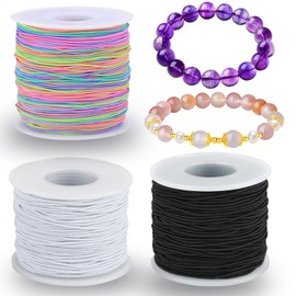 150 m Elastic Band for Bracelets, Elastic Band for Bracelets, DIY Bead Cord with Scissors (Black, White, Rainbow Colour)