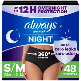 Always Discreet Adult Incontinence Overnight Underwear for Women, Small/Medium, Up to 100% Bladder Leak Protection, 48 Count (3 Packs of 16)