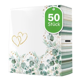 50 Large Fabric-Like Napkins Wedding and Love Eucalyptus Green Border Hearts as Table Decoration Motif Napkins White Wedding Anniversary Valentine's Day Christian Christening Church Heart Gold 40 x 40