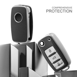 OATSBASF Car Key Cover for VW Golf, Polo, Passat; Skoda; Seat; 3 Buttons (Silver-Leather)