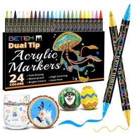 Betem Acrylic Paint Markers, Dual Tip 24 Colors Acrylic Paint Pens with Brush Tip and Fine Point, Art Supplies for Rock, Wood, Canvas, Stone, Glass, Ceramic, Rock Painting Christmas Gift