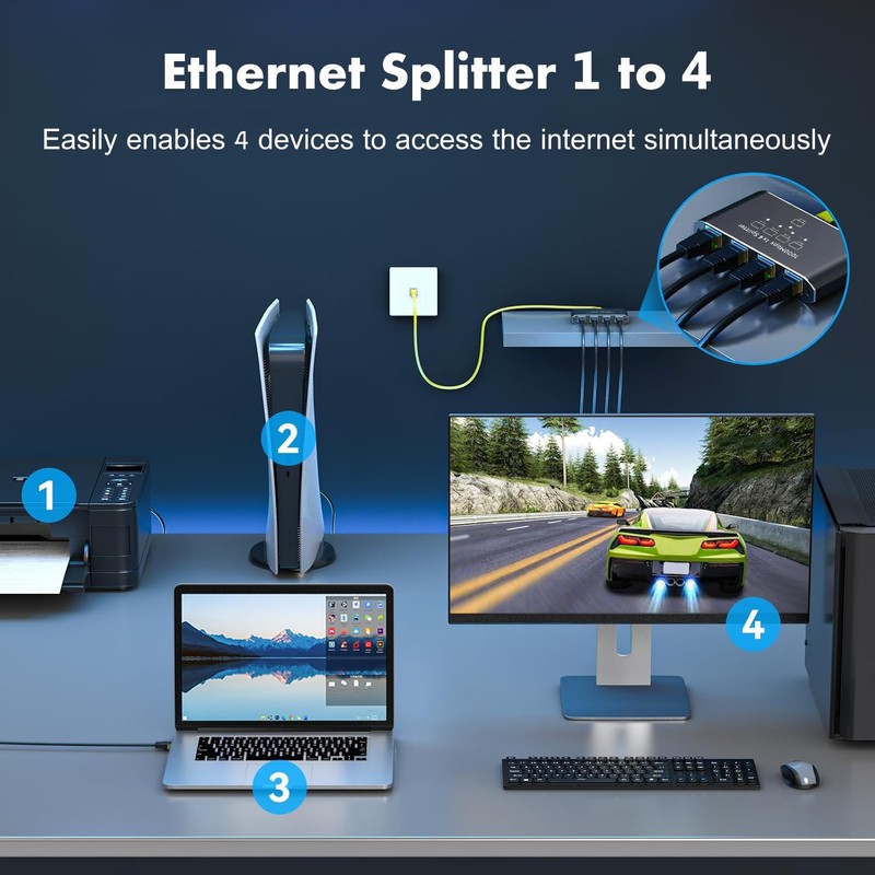 Ethernet Splitter 1 to 4, 1000Mbps High-Speed Internet Splitter, Gigabit