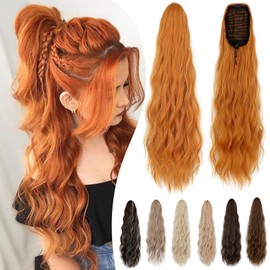 Cephermer Ponytail Extension 24'' Long Wavy Drawstring Pony Tails Hair Extension Ponytail Copper Synthetic Hairpiece for Women