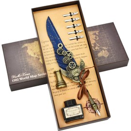 LSFCHYBY Quill Feather Pen and Ink Set,Calligraphy Set,Calligraphy Kits Include Antique Quill Feather Pen,5Nibs,1 Bottles Inks,Pen Holder for Beginners Birthday Gift (Treasure Blue)