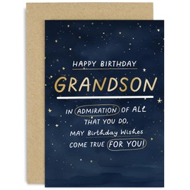 Old English Co. Heartfelt Birthday Card for Grandson - Male Birthday Card for Him - Special Sentimental Keepsake Birthday Card for Grandson - Navy Blue Sky Gold Foil Stars | Blank Inside