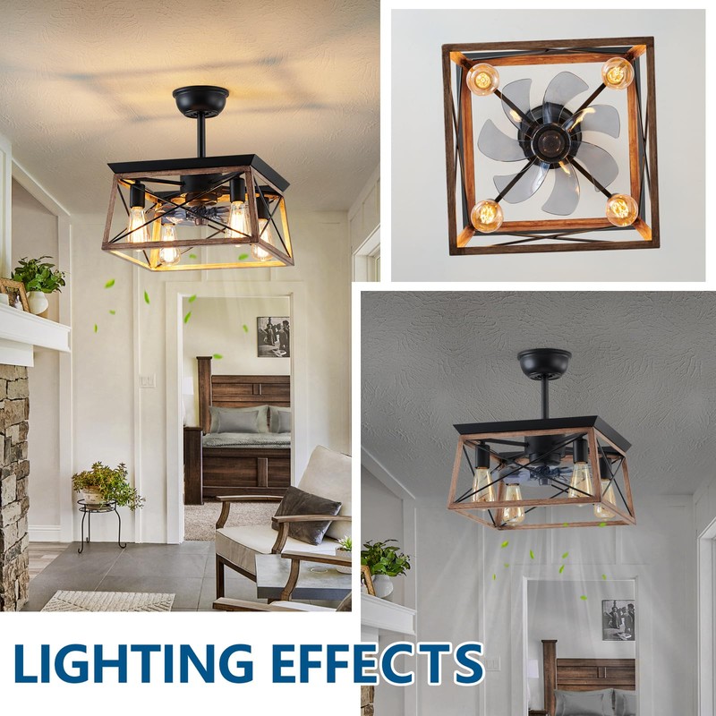Dalouguan Farmhouse Ceiling Fan with Light, 4-Light Walnut Caged Ceiling