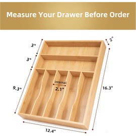 Upassion Bamboo Kitchen DrawerOrganizer, 13 Inch Silverware Organizer with Extra-deep Grooved Divider, 7 Slots Pure Bamboo Wood Caddy for Flatware Cutlery Knives, Forks, Spoons
