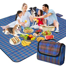 Cleaneaty Picnic Blanket, Foldable Outdoor Beach Blanket Waterproof Beach Rug Lightweight Picnic Mat with Handle for Hiking Travelling Beach Camping Parks Family (200x200cm, Blue)