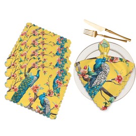 Yibeas Peacock Cloth Napkins Set of 4 Soft Watercolor with on a Tree Cherry Tree with Flowers Yellow Background Polyester Dinner Napkin for Family Restaurant Weddings Parties 18 x 18 inch