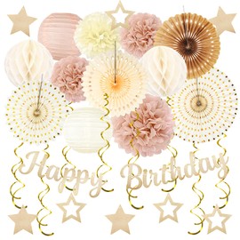 Champagne-Gold Fall Boho Birthday Party-Decorations - 29pcs Beige Cream Autumn Retro Party Decorations for Women Girls, Happy Birthday Banner Paper Streamers Lanterns Tissue Pom Poms - ZERODECO
