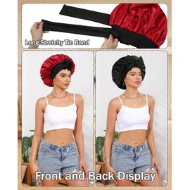 Satin Bonnet Silk Bonnet for Sleeping Silk Sleep Cap Double Layer Hair Bonnet with Elastic Tie Band for Curly Hair Night Cap (Black+Wine red)
