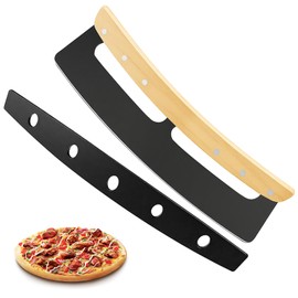 Pizza Cutter Rocker Blade 14 Inch - Razor Sharp Stainless Steel Slicer Knife Slice Pizza with Ease, Stylish Rubbre Wood Handle,With Protective Cover - Professional Pizza Oven Accessories。