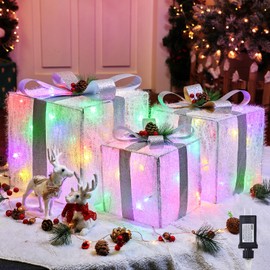 3 Pieces Foldable Christmas Decorations Lighted Gift Boxes, 12" 10" 8" with 60 Pre-Lit Mini String Lights，LED Xmas Gift Boxes with Bows for Tree Indoor Outdoor Holiday Party Yard Home Decor