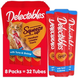 Delectables Squeeze Up Creamy Squeezable Puree, Lickable Wet Cat Treats, Grain Free, No Added Fillers, No By-Products, No Added Preservatives, 0.5 Ounces Tuna & Shrimp, 32 Tubes Total
