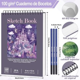 EDECOR 9"x12"Cuaderno de Boceto, Cuaderno de Dibujo Encuadernado En Espiral | 100 Hojas 68lb/100gsm Libreta de Dibujo Con 3 Lápices, Perfecto para Dib