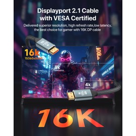 VisionSync VESA Certified 6.6FT Displayport Cable 2.1,16K DP Cable [16K@60Hz,8K@120Hz,4K@240Hz 165Hz], 80Gbps DP 2.1 Cable Compatible FreeSync G-Sync HDR10 HDCP 3D DSC 1.2a Gaming Monitor,TV,PC