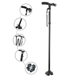 Folding Cane with Led Light, Adjustable Canes and Walking Sticks for Men and Women, Walking Cane Stick for Elderly with Cushion T Handle and Pivoting Quad Base…