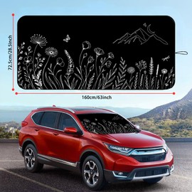 Windshield Sun Shade for Car, 63"x28.5" Universal Fit Front Window Sunshade with Double Steel Ring Frame, Car Sun Shade, UV Protection Windshield Cover with Storage Pouch (Line Flowers)