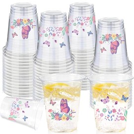 50 Pieces Butterfly Plastic Cups, 12 Oz Butterflies Floral Plastic Clear Disposable Drinking Cups for Spring Summer Party Favor Baby Shower Birthday Wedding Party Supplies