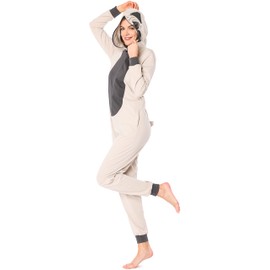 Ladeheid LA40-234 Women's Cotton Jumpsuit Colourful Fancy Dress Pyjamas Onesie with Hood, beige pug