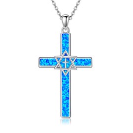 VONALA Opal Cross Necklace for Women 925 Sterling Silver Star of David Necklace Cross Pendant Christian Jewelry