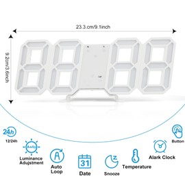 DSLIHA 3D Digital Alarm Clock for Bedrooms, LED Desk USB Electrify Digital Wall Alarm Clock for Office Home Living Room (White)