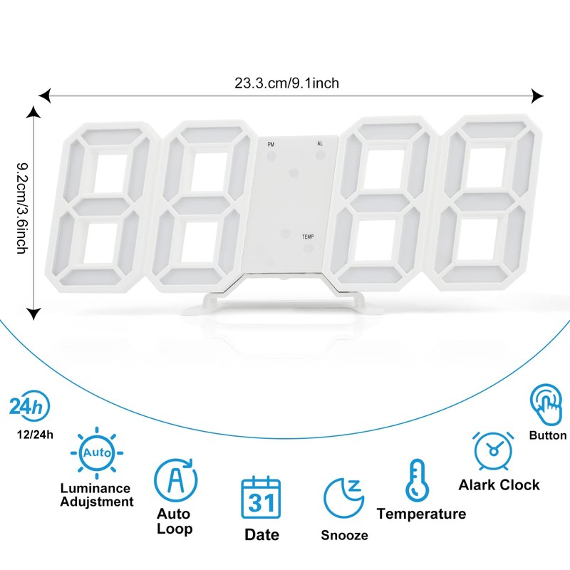 DSLIHA 3D Digital Alarm Clock for Bedrooms, LED Desk USB