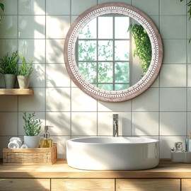 Reflinto 24 Inch Wooden Round Mirror for Wall Decor, Farmhouse Rustic Decorative Circle Mirrors with Beaded Frame, for Bedroom, Bathroom, Living Room, Entryway