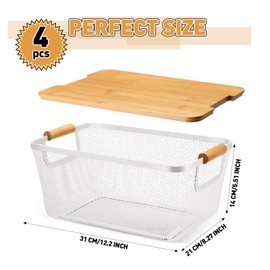 Geelin 4 Pcs Metal Wire Basket with Wooden Handles and Bamboo Lids 12.2 x 8.27 x 5.51" Mesh Steel Basket Stackable Storage Bins Organizer Containers for Vegetables Fruit Home Cabinet Pantry(White)