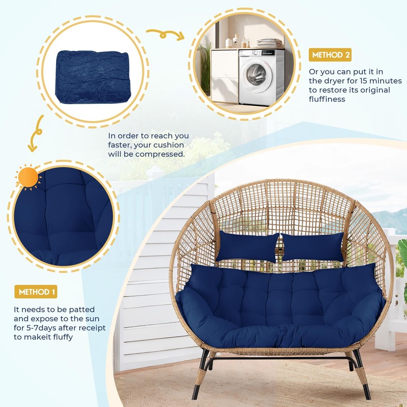 DANGHOOGY Outdoor Double Egg Chair Cushions, Waterproof Wicker Egg Chair