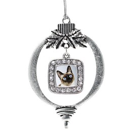Inspired Silver - Siamese Cat - Silver Christmas Ornament - Square Charm Christmas Tree Ornament with Cubic Zirconia - Holiday Hanging Decoration