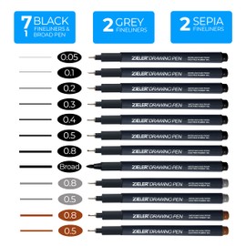 Zieler 12 Fineliner Drawing Pens (Black, Sepia & Grey) Water & Fade Proof Pigment liners. Quick-Drying & Anti-Smear Micro Pens. Ideal for Technical Drawing, Sketching, Stenciling & Outlining
