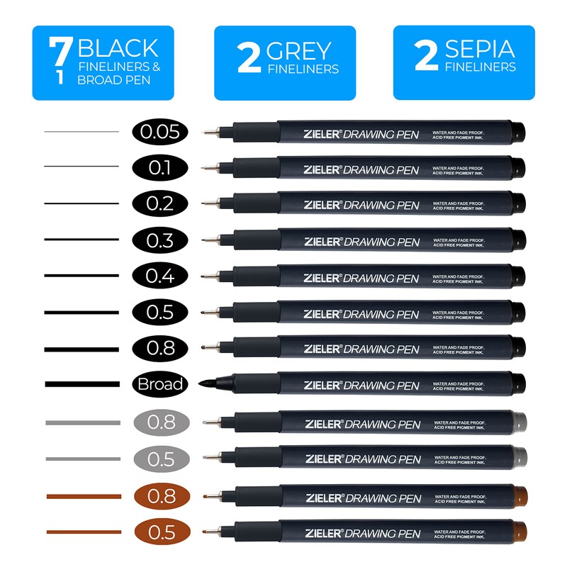 Zieler 12 Fineliner Drawing Pens (Black, Sepia & Grey) Water