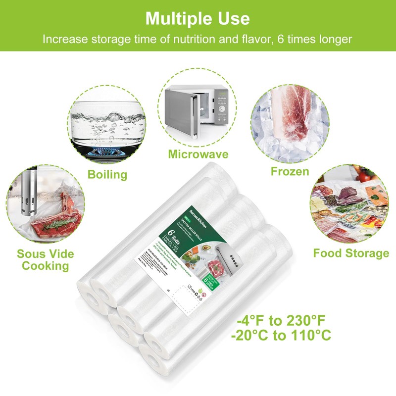 Bonsenkitchen Vacuum Sealer Rolls Bags, 6 Pack 3 Rolls 11"