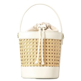 Rattan Bucket Bag for Women Straw Beach Bag Drawstring Crossbody Purse PU Leather Summer Shoulder Tote Bag Cute Hobo Bags, White, Small