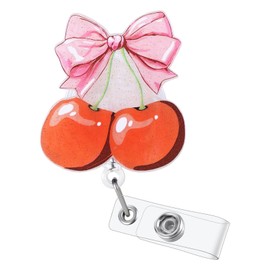 Pink Bow Cherry Badge Reel, ID Badge Holder Retractable Clip, Nurse Badge Reels, Nursing Student Name Badge Holders, RN LPN CNA MA Medical Worker Nurse Teacher Accessories, Cute Nursing Badge Reels