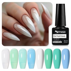 MTSSII 12Pcs Green White Gel Nail Polish Set, 8 Colors Jelly Sage Green Forest Green Baby Blue Gel Polish Kit Transparent Sheer Lime Olive with Base Top Coat, Nail Dehydrator and Primer for Girls