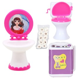 XPEX Dollhouse Bathroom Dolls Toilet Mini Dollhouse Toilet Model Miniature Dollhouse Accessories Birthday Gifts for Children Includes Mini Washing Machine Sink and Toilet