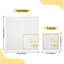 Ottin White Gold Cheers to 90 Years Cocktail Paper Napkins, 5x5 Inches, 50 Counts, 3-Ply Disposable Party Napkins for 90th Birthdays Decorations, Anniversaries, Weddings, Indoor & Outdoor Celebrations