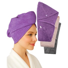 Textila 100% Cotton Hair Wrap Towels for Women (Pack of 3, Plum, Pink & Grey) – Soft & Absorbent Turban Towels for Long, Curly, Frizz-Prone Hair