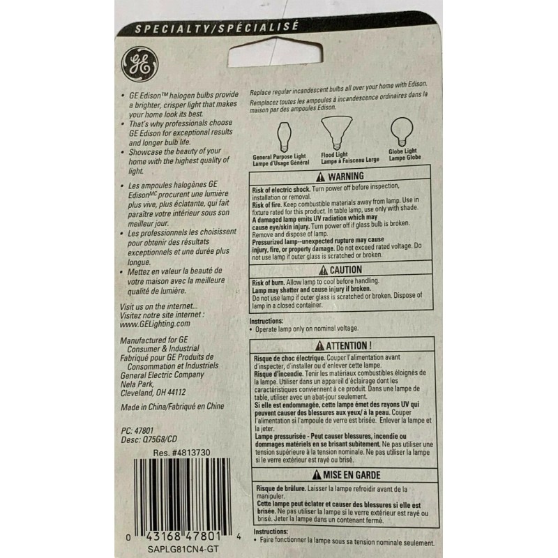 General Electric 75W - 120V 3000K JCD G8 Base (Clear)