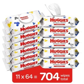 Huggies Simply Clean Unscented Baby Wipes, 11 Flip-Top Packs (704 Wipes Total)