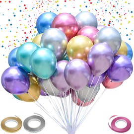 Pack of 50 Metallic Latex Balloons, Colourful Helium Balloons with Colourful Metallic Balloons, Latex Balloons, Metallic Balloons for Wedding Decoration, Party Decoration, Birthday Decoration