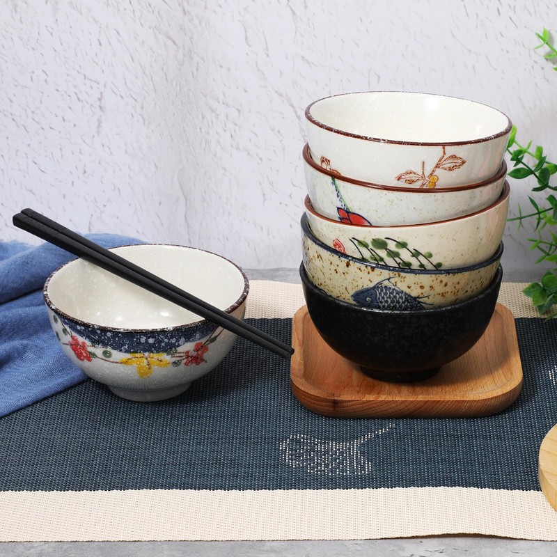 6 Pack Rice Bowls, 4.5 Inch 10 Oz Japanese Retro