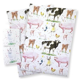 Farm Animal Recycled Gift Wrapping Paper - cows - sheep - pigs- hens - birthday - Christmas - Father's Day - 2 sheets and 2 strung tags