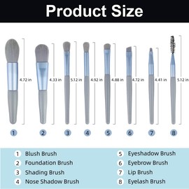 Liasun Travel Makeup Brush Set 8PCS Mini Size Premium Synthetic Fiber Foundation Blush Concealer Eyebrows Eye Shadow Angled brush Lip Make up Brush With Storage Bag(Blue Gray)
