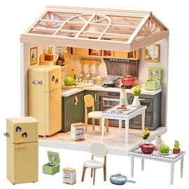 Qudify Miniature Kitchen DIY House Play Kit – 126Pcs Cooking Room Furniture Set with Plug-in LED Light & Modular Base, 1:20 Scale Tiny House Model, Dollhouse Toy for Kids 8+, Teens & Hobbyists