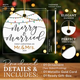 HEXMOZ First Christmas Married Ornament 2024 - Wedding Gifts for Couples 2024 - Just Married, Mr and Mrs Gifts for Newlyweds - Bridal Shower Wedding Gifts for Bride - Ceramic Wedding Ornament 2024